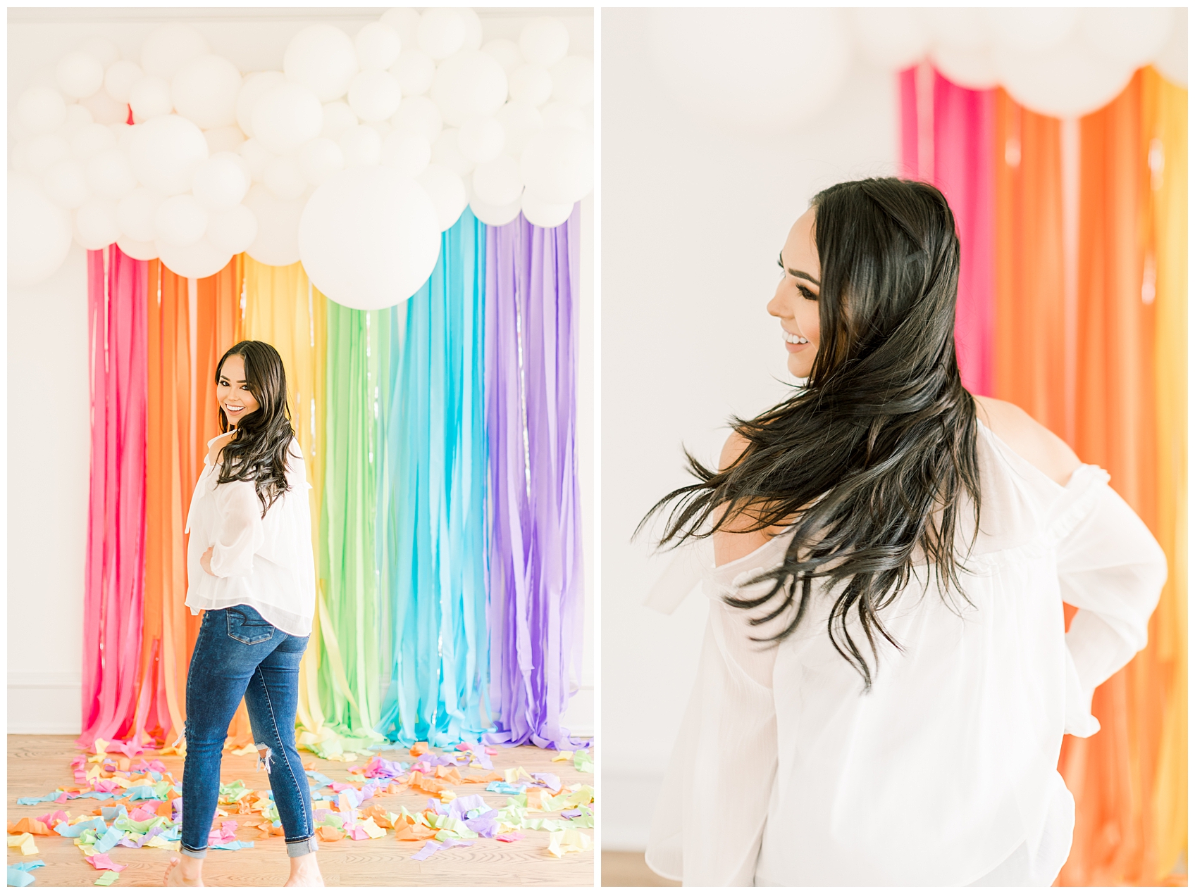 senior photos with a rainbow balloon installation