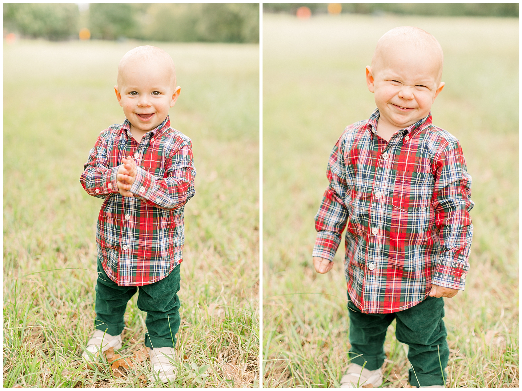 smiling little boy in plaid shirt and green pants
